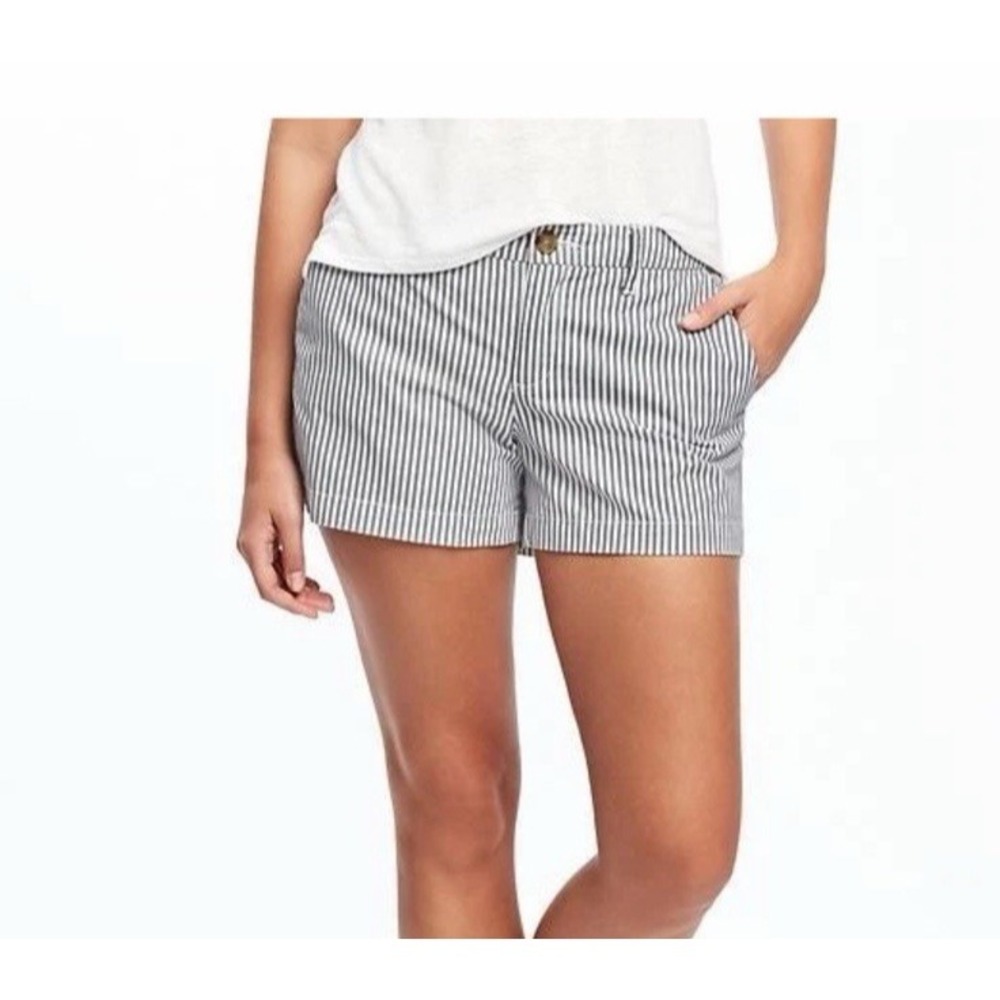 Old Navy Striped Blue White Chino Khaki Shorts 12 Preppy Cotton 3 1/2" Inseam